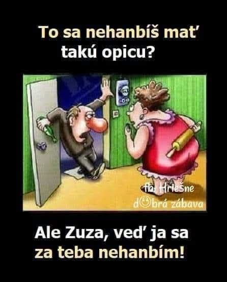 Karikatúra muža a ženy na prahu dverí, so zábavným textom o opici a hanbe, humoristický kontext.