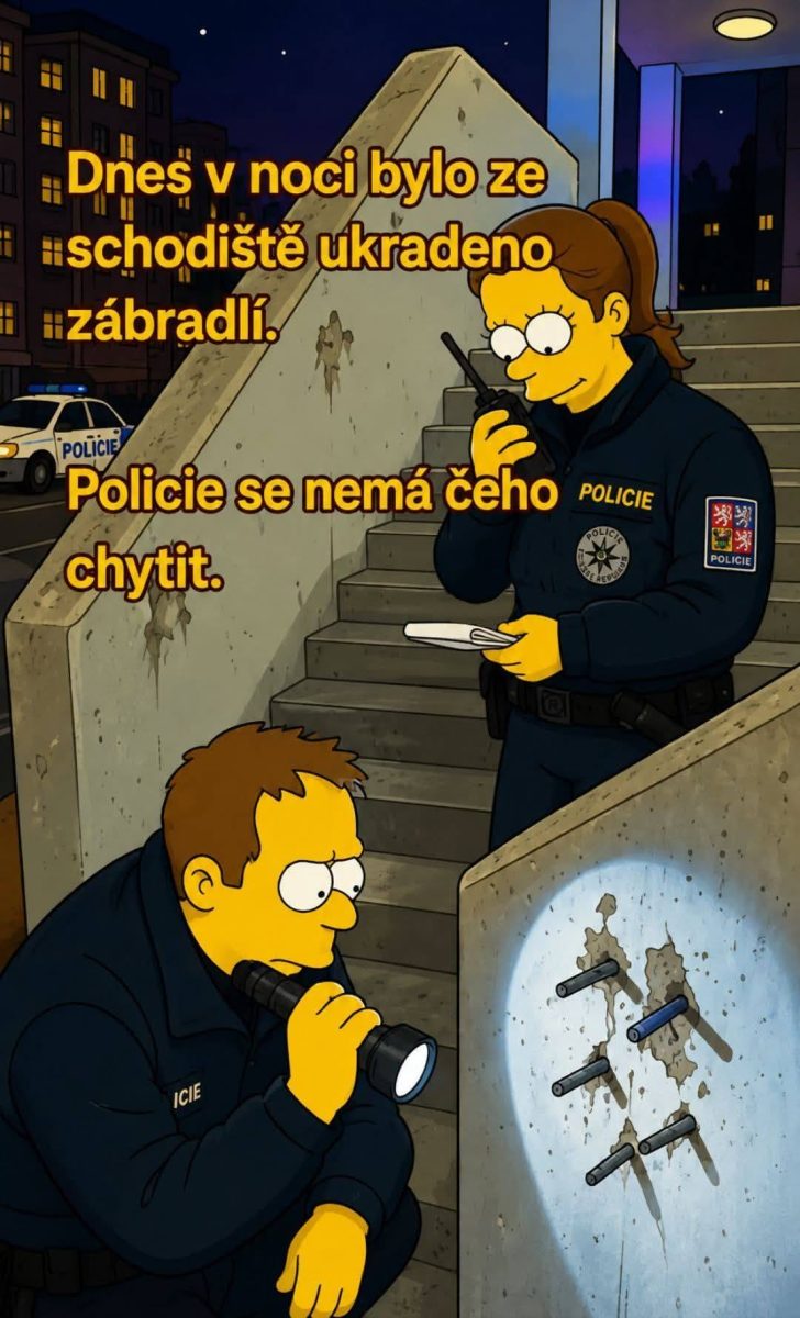 Policajti vyšetrujú ukradnuté zábradlie na schodisku v noci s baterkou a vysielačkou. Humorný moment z animácie.