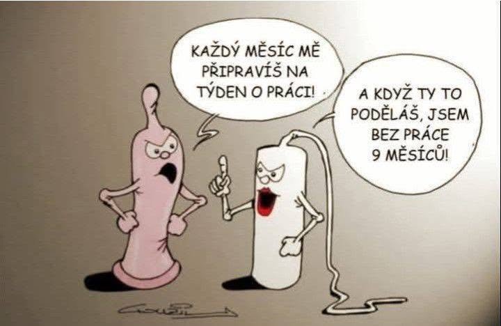 Kreslená postavička kondómu a tampónu vedú humorný dialóg o práci a dĺžke zamestnania.