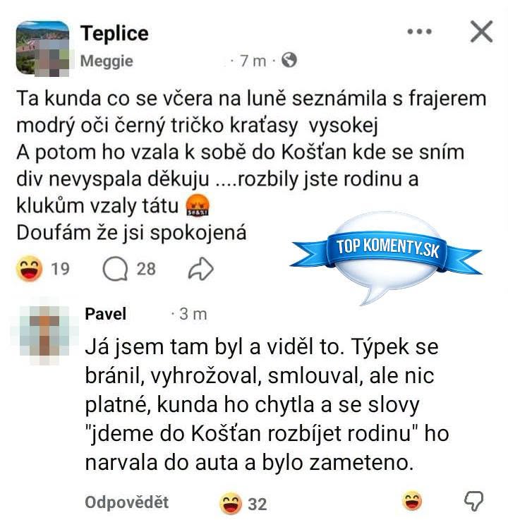 Konflikt na sociálnych sieťach o nevere a rozpade rodiny. Zdieľaný príspevok s emotikonmi.