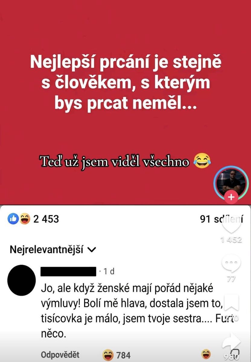 Vtipný text a komentár na červenom pozadí s reakciami používateľov na sociálnej sieti.
