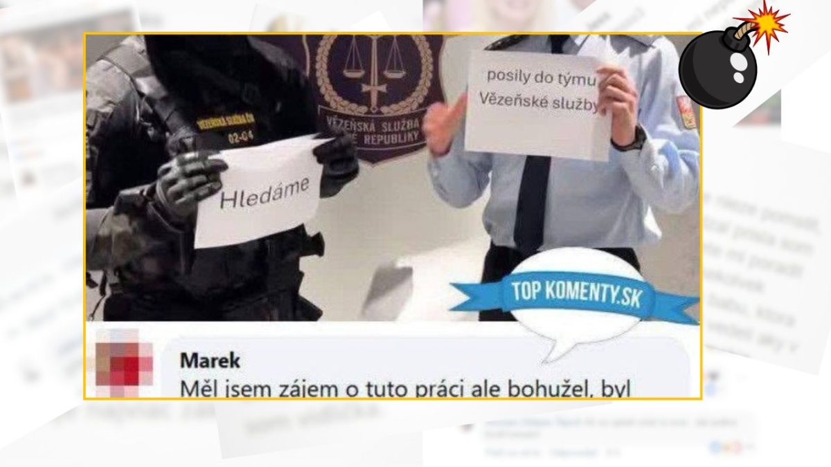 Dvaja ľudia držia nápisy o hľadaní posíl do väzenskej služby s humoristickým komentárom pod nimi.