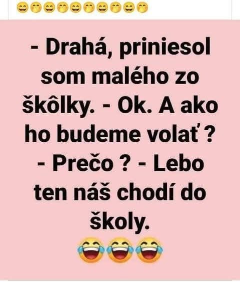 Vtipný text so školskou témou na ružovom pozadí s emotikonmi smiechu.