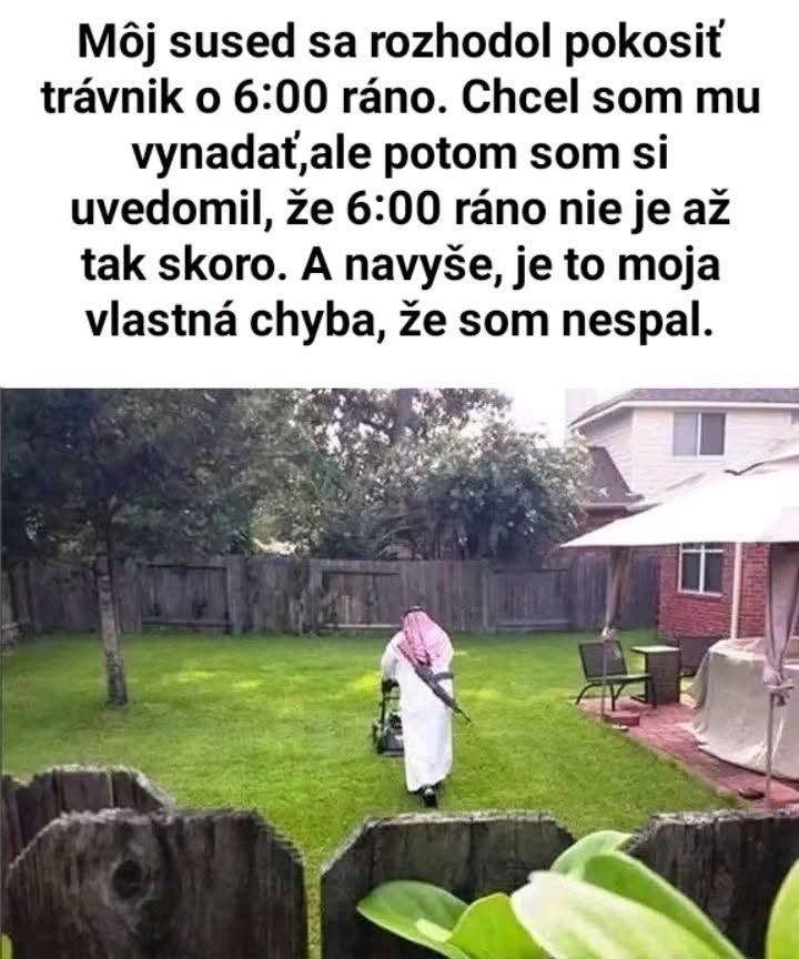 Sused kosí trávnik o 6:00 ráno v záhrade za domom. Early morning lawn mowing in garden.