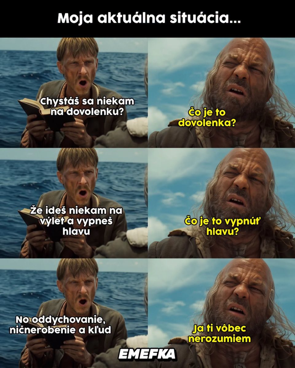 Muž s knihou sa pýta na dovolenku, druhý muž nechápe význam oddychu a vypnutia hlavy, scéna z filmu na mori.