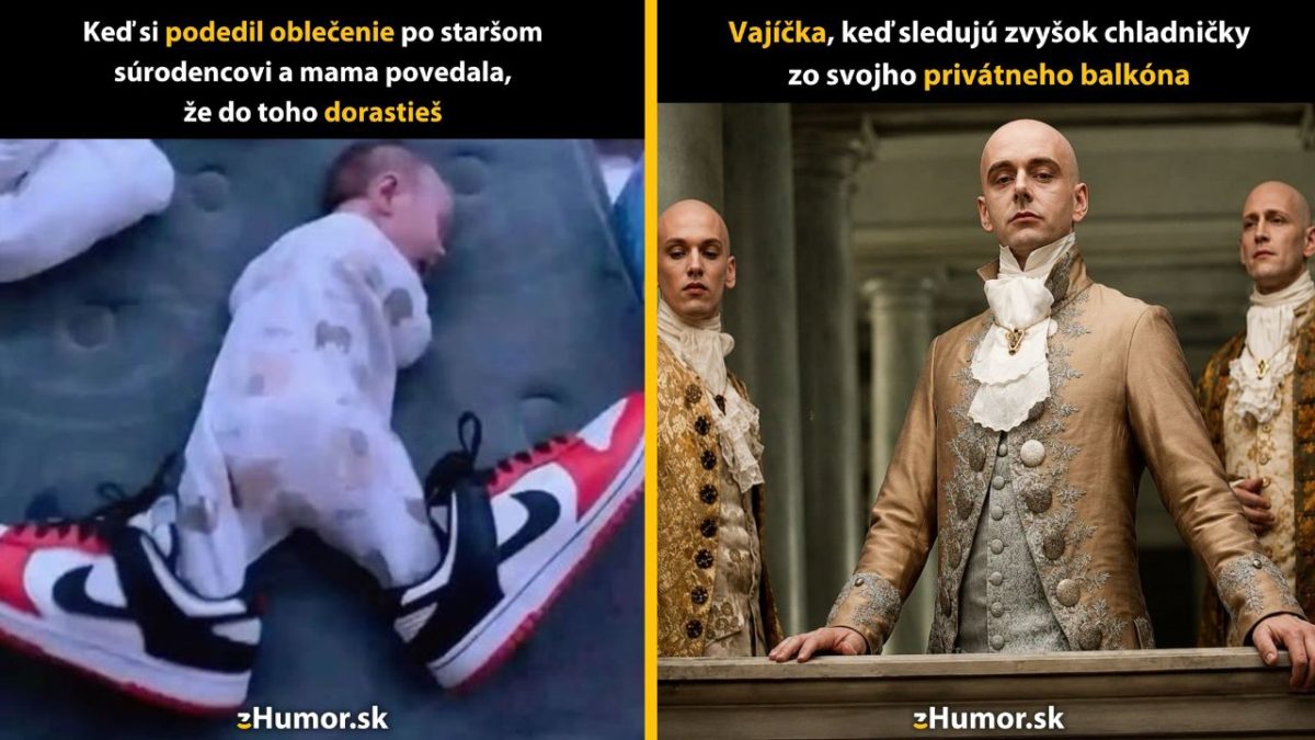 Dieťa v oblečení a topánkach z druhej ruky; historické postavy v elegantných odevoch na balkóne.