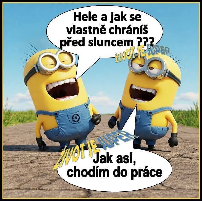 Dvaja žltí kreslení chlapíci v modrých kombinézach sa smejú počas dialógu o ochrane proti slnku na vidieckej ceste.