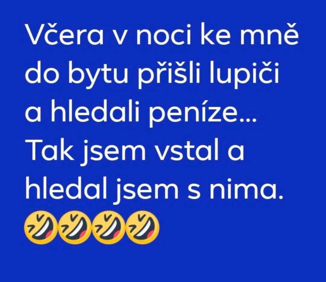 Vtipný text o vyhľadávaní peňazí zlodejmi a autorom zámerne pridáva humor. Emoji smiechu na modrom pozadí.