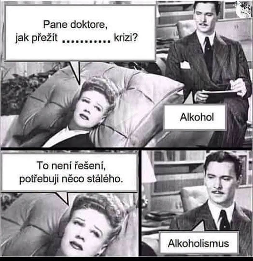 Komiksová scénka s lekárom a pacientkou o riešení krízy pomocou alkoholu a alkoholizmu.