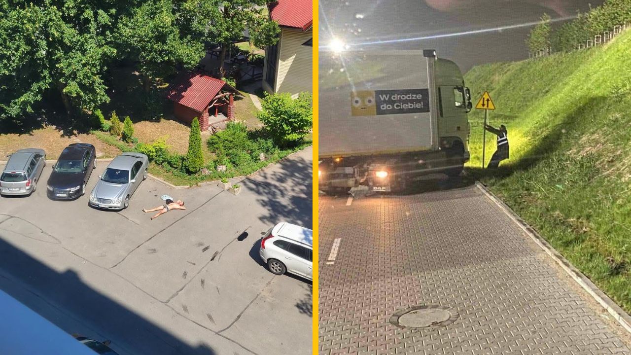 Osoba leží na parkovisku medzi autami; v noci kamión zastavil pri ceste, človek opravuje dopravnú značku.