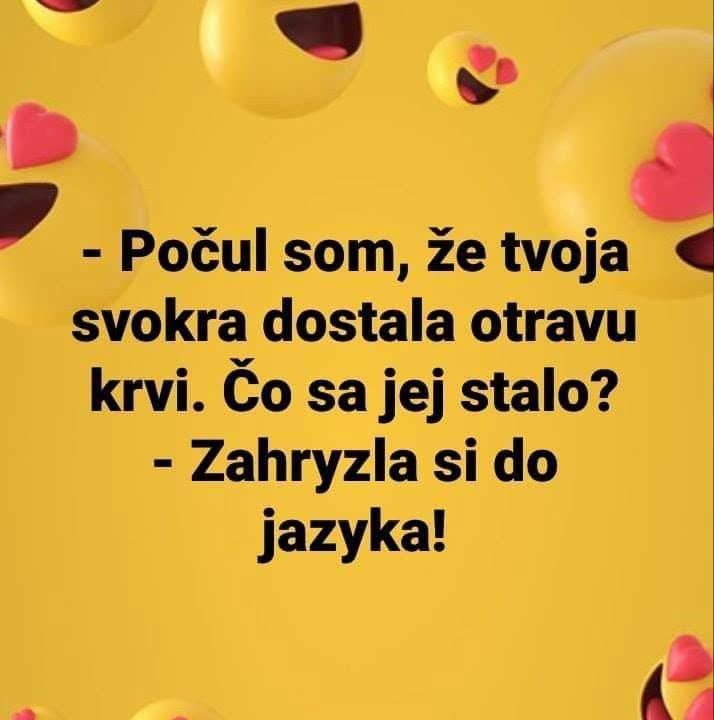 Vtip o svokre a otrave krvi: Svokra si zahryzla do jazyka. Emotikony srdiečok na žltom pozadí.