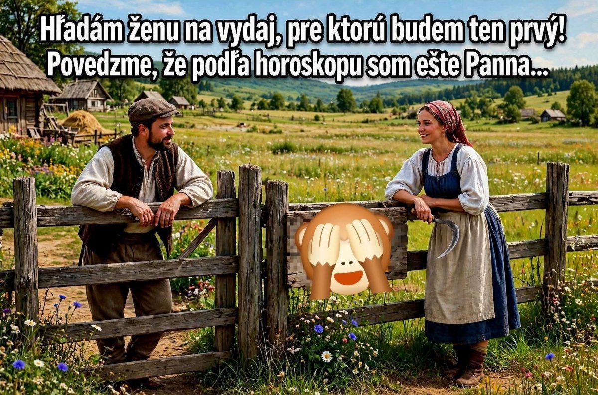 Muž a žena sa smejú pri drevenom plote na vidieku, s nápisom vtipného charakteru o horoskope.