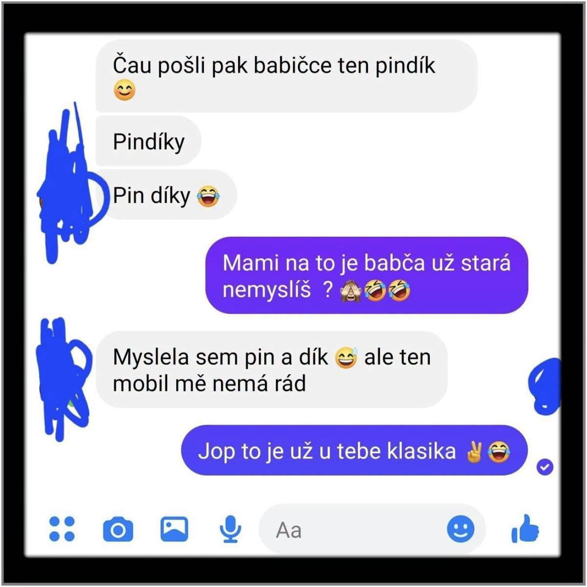 Vtipná konverzácia o poslaní PIN kódu babičke, preklepy, humor a nedorozumenie v chate.