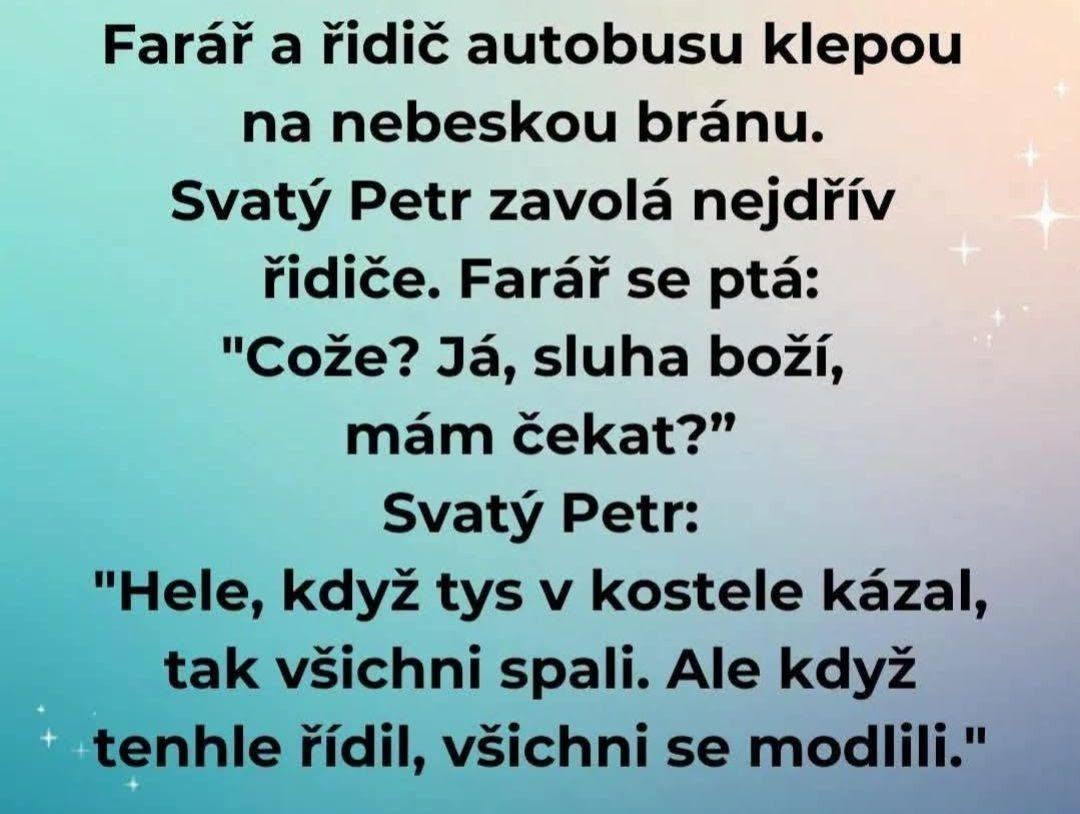 Vtip s farárom a vodičom autobusu o nebeskej bráne a modlitbách.