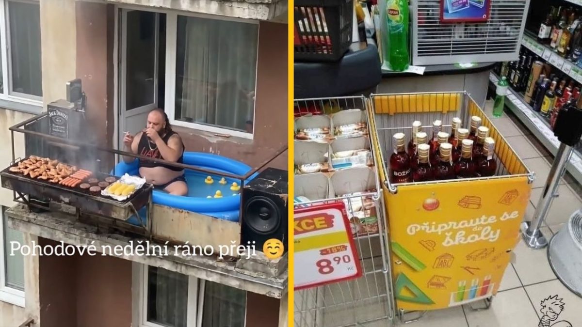 Muž griluje na balkóne v bazéne s hračkami, vedľa akcie v obchode na potraviny a nápoje. Atmosféra letnej pohody.