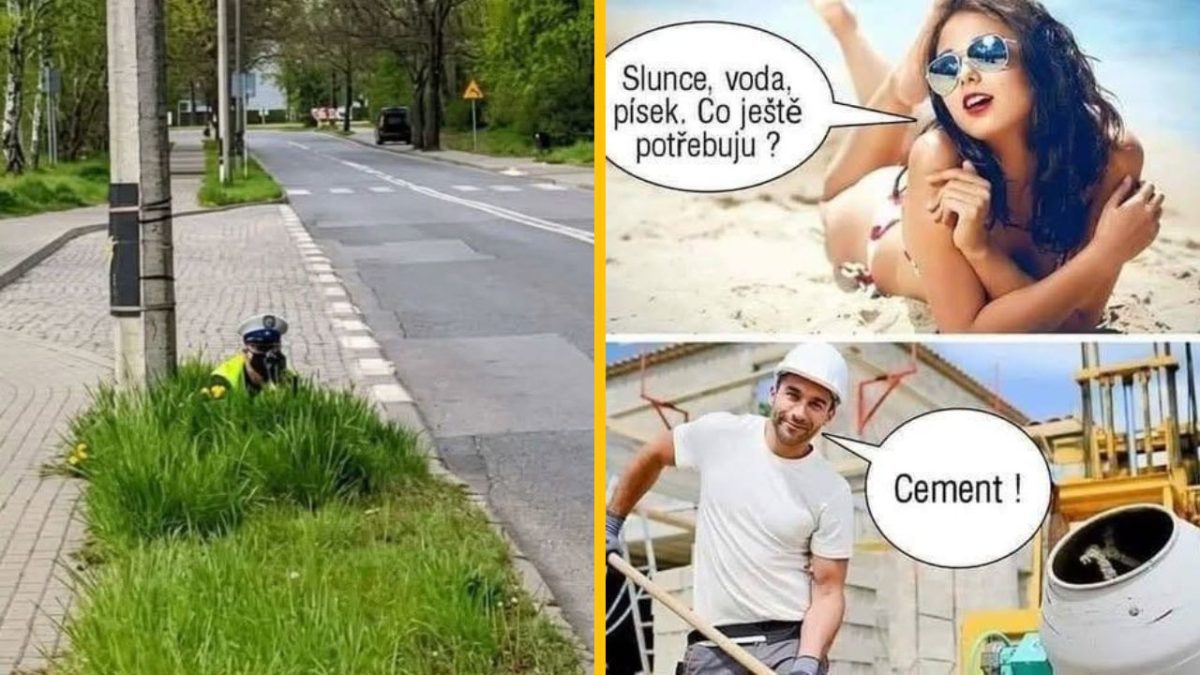 Policajt schovaný v tráve vedľa cesty; žena na pláži so slnečnými okuliarmi; stavbár s náradím a textovou bublinou.