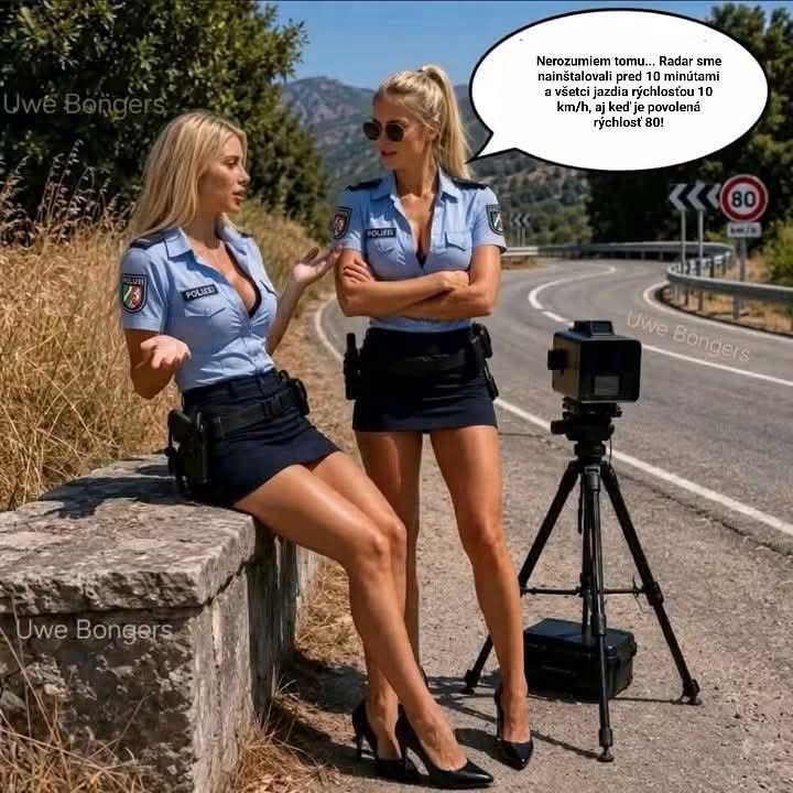 Policajtky pri radare na ceste, rozprávajú sa o rýchlostnom limite a monitorujú prechádzajúce autá.