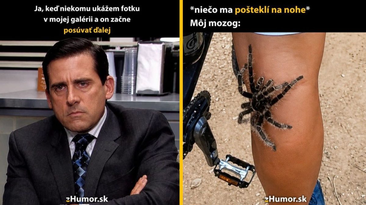 Muž vyjadruje znepokojenie nad prehliadaním fotiek, zatiaľ čo obraz pavúka na nohe symbolizuje paniku.