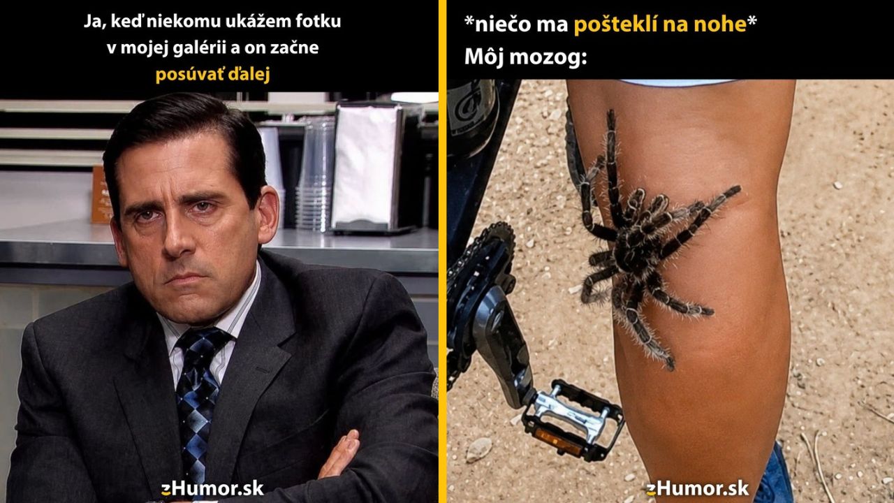 Muž vyjadruje znepokojenie nad prehliadaním fotiek, zatiaľ čo obraz pavúka na nohe symbolizuje paniku.