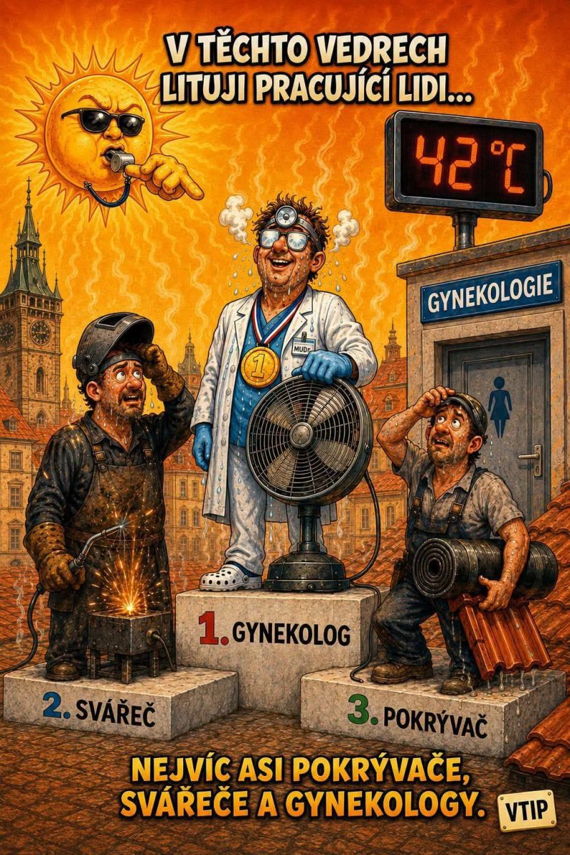 Karikatúra horúceho leta: ginekológ, zvárač a pokrývač na stupňoch víťazov vďaka vysokým teplotám 42°C.