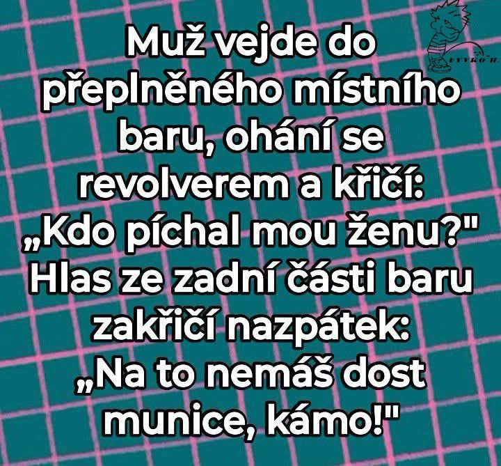 Muž v bare vykrikuje otázku na neveru, odpoveď ho prekvapí. Zábavný text na pestrofarebnom pozadí.