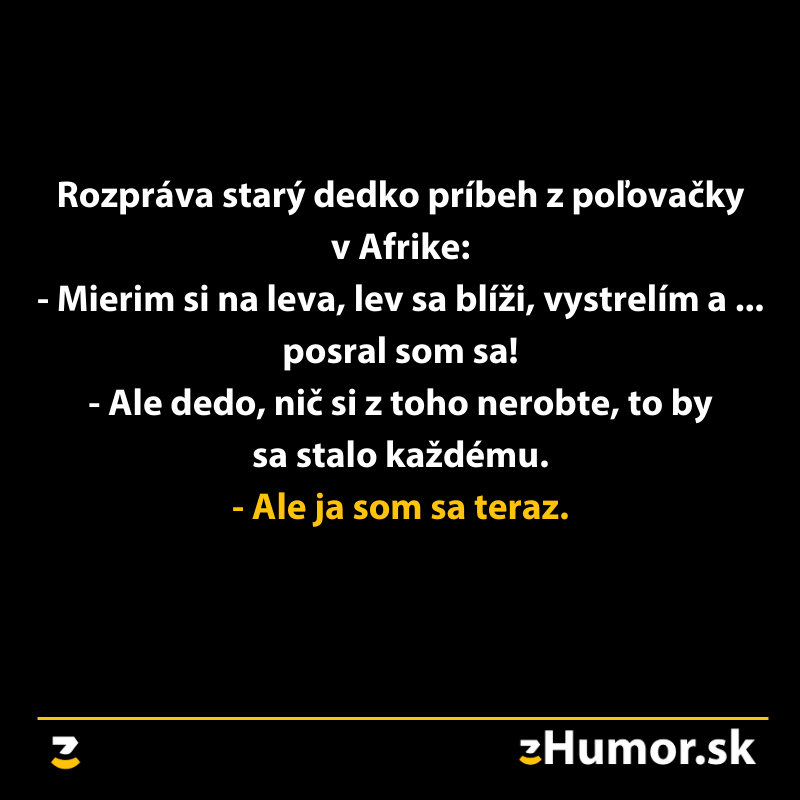 Starý otec rozpráva vtipný príbeh z poľovačky v Afrike, kde stretnutie s levom končí nečakaným priznaním.
