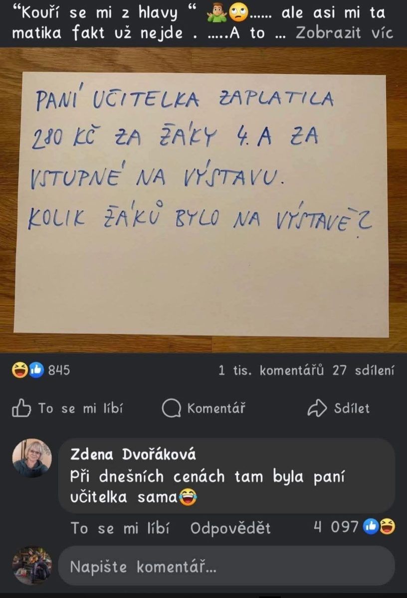 Úloha: Koľko žiakov 4.A bolo na výstave, ak pani učiteľka zaplatila 280 Kč za vstupné?