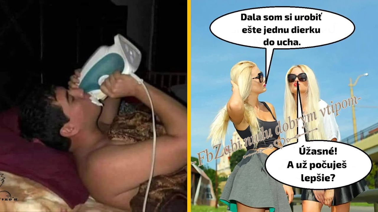 Muž s čistiacim prostriedkom na tvári, vedľa dvojica žien s vtipným dialógom o dierkach do uší.