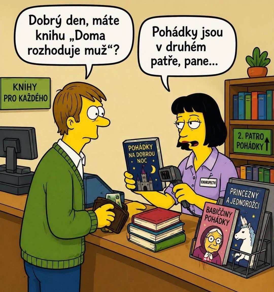 Muž v kníhkupectve sa pýta na knihu Doma rozhoduje muž?, predavačka odkazuje na sekciu rozprávok.