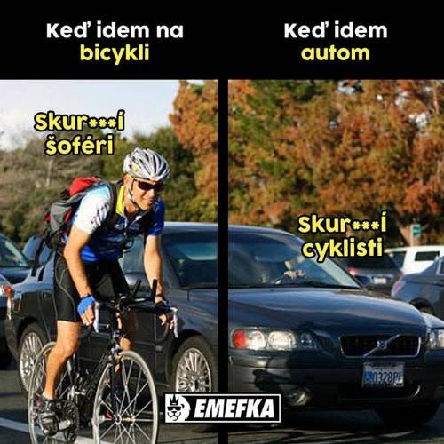 Bicyklista nadáva na vodičov, vodič nadáva na cyklistov; humoristická ilustrácia z dopravy.