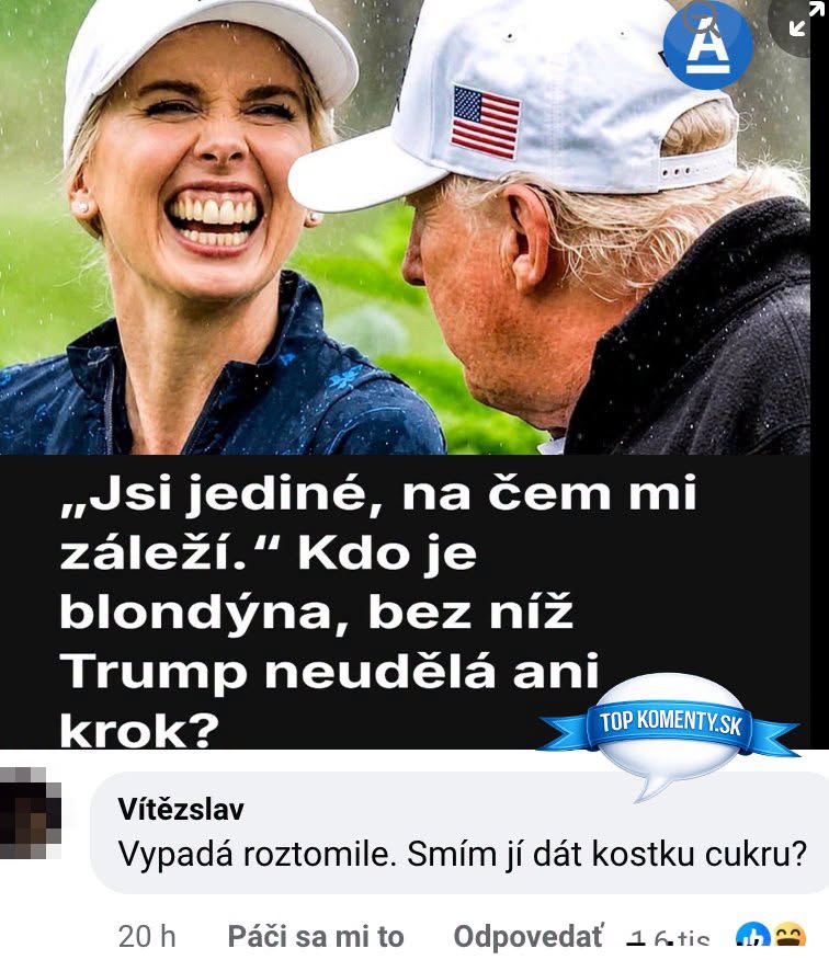 Dve osoby v bielych šiltovkách sa smejú, sprevádzané textom a komentárom v českom a slovenskom jazyku.