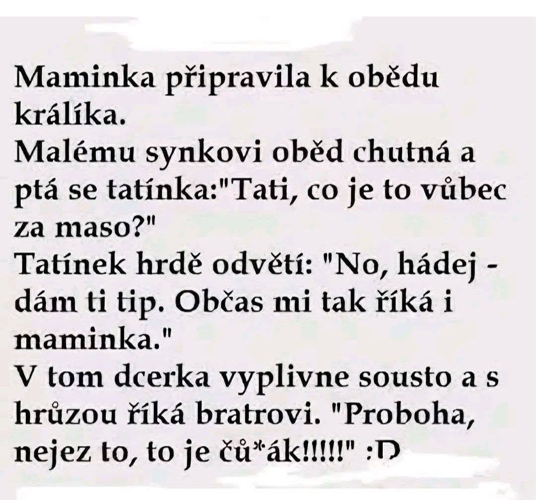 Vtipný text o deťoch pri obede, keď dcéra zistí, aké mäso mama pripravila, a humorne to komentuje.