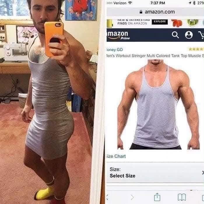Muž v obtiahnutom šedivom tielku si robí selfie pred zrkadlom, pričom vedľa je online fotografia toho istého tielka.