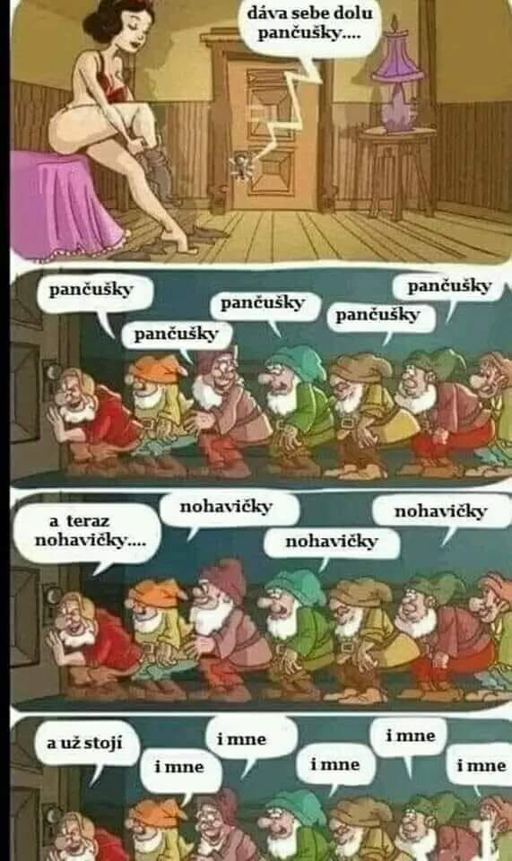 Snehulienka si dáva dole pančušky v izbe, sedem trpaslíkov špehuje a komentuje jej oblečenie s humornými reakciami.