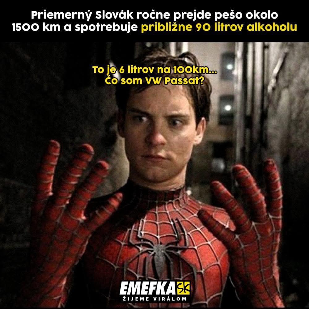 Slovák spotrebuje 90L alkoholu ročne, meme s textom 6 litrov na 100km? Čo som VW Passat?.