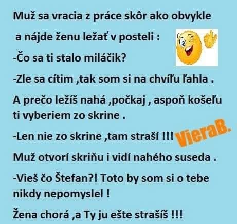 Vtip s manželom a susedom ukrytým v skrini; humorná situácia v dome.