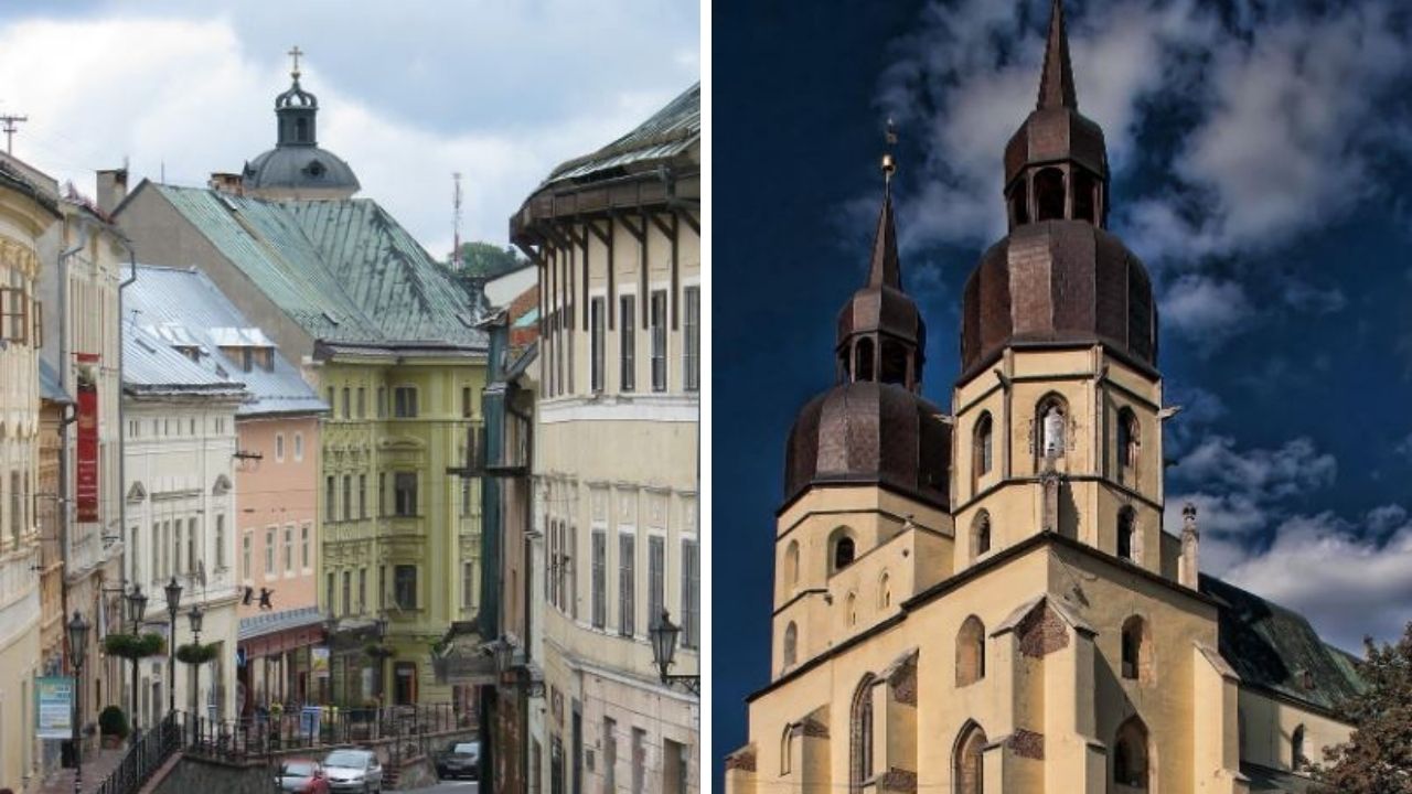 Mestská ulica v starom meste a kostol s dvoma vežami pod modrou oblohou.
