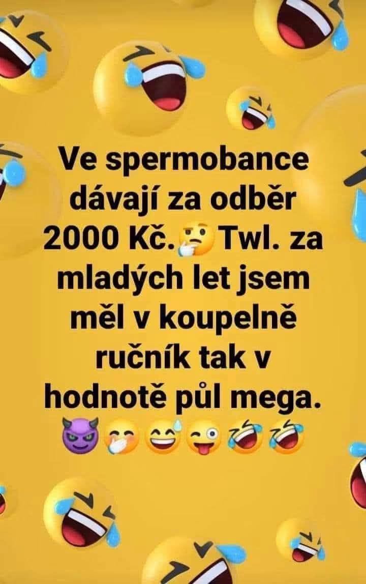Vtipný text o hodnote spermií so žltými emoji smiechu na pozadí.