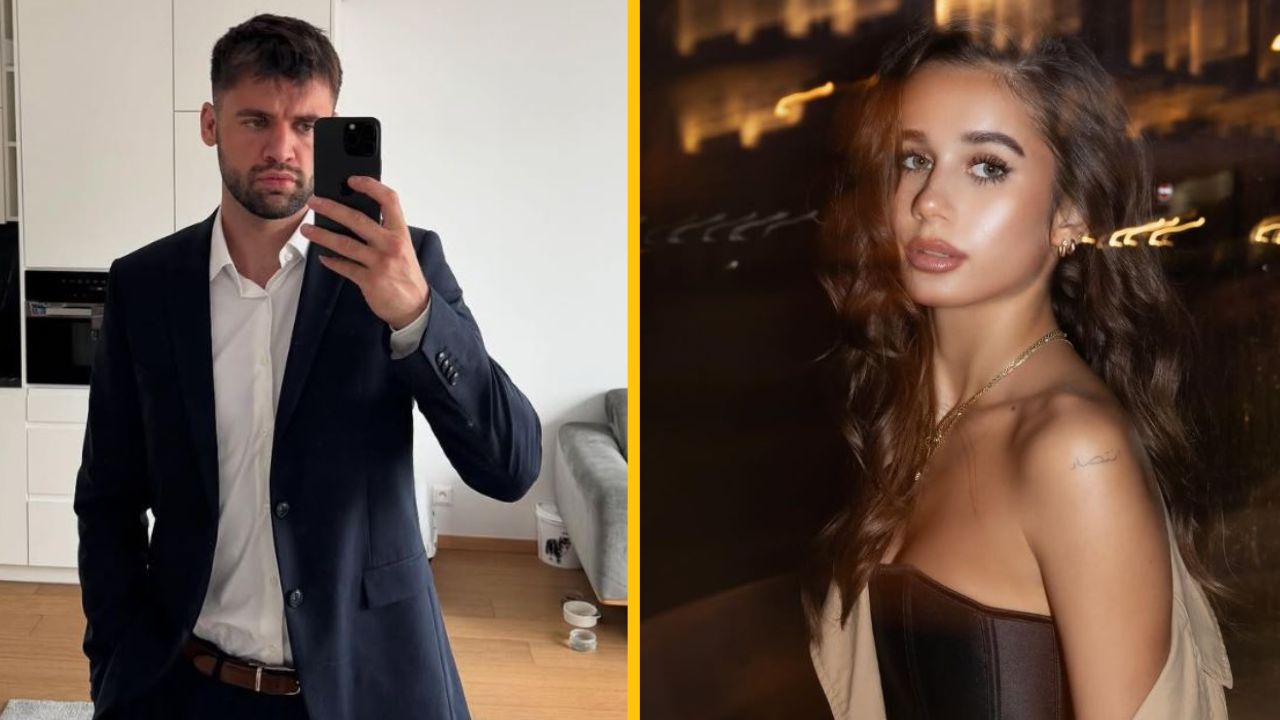 Dvaja ľudia pózujú na samostatných fotografiách. Muž v obleku, žena s dlhými vlasmi vo večernom prostredí.