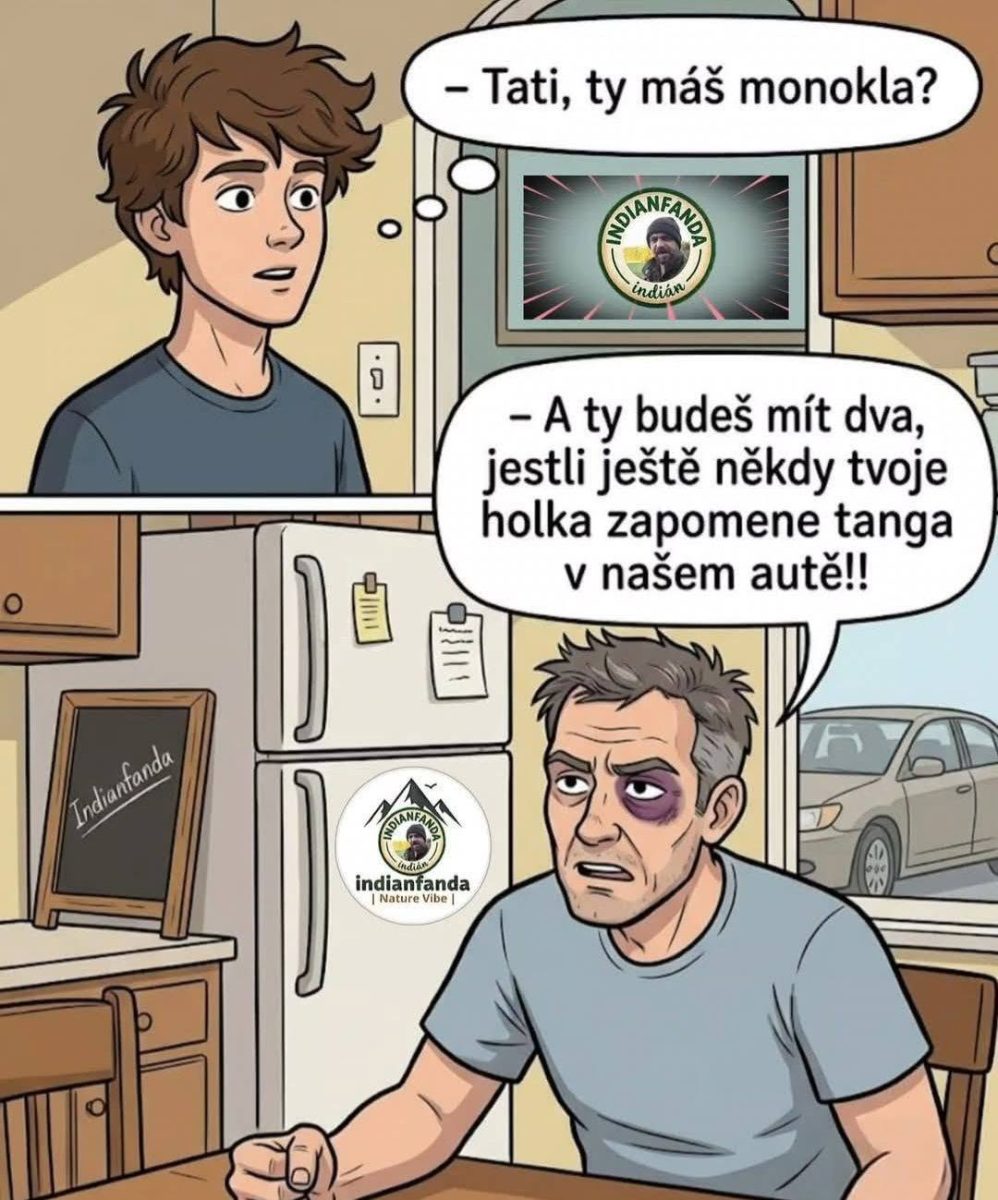 Otec so monoklom hrozí synovi ďalším kvôli zapomenutým tangám v aute, zatiaľ čo syn sa pýta na jeho zranenie.