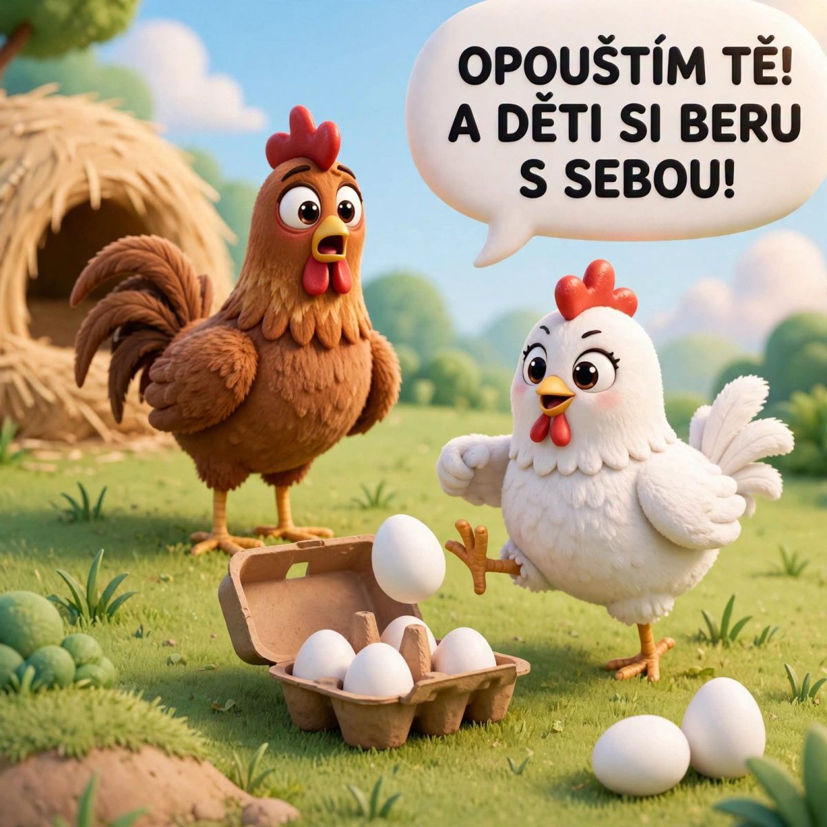 Dve kreslené sliepky, z ktorých jedna odchádza s vajcami, s textom Opouštím tě! A děti si beru s sebou!.