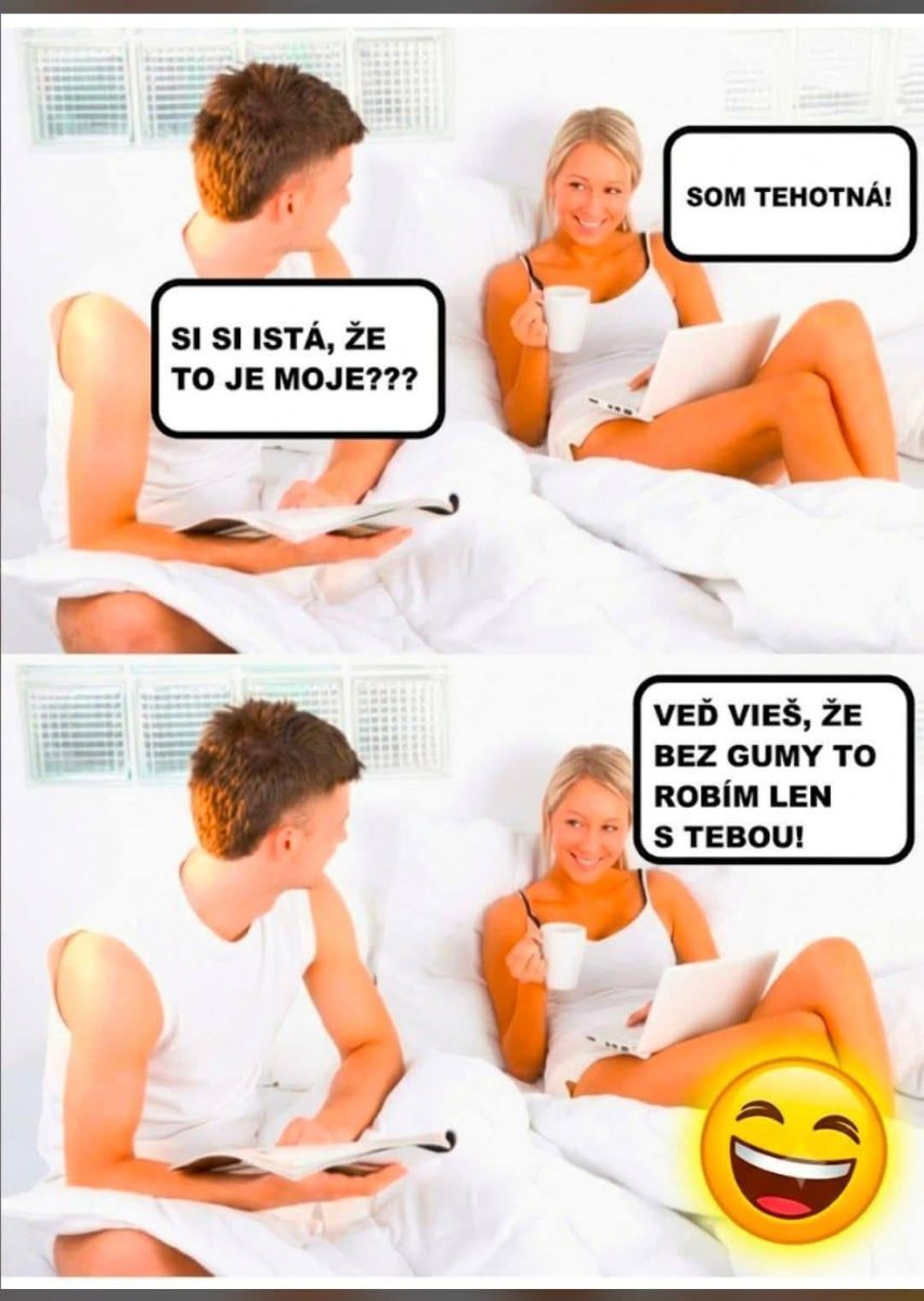 Pár v posteli vtipne diskutuje o tehotenstve s humornou konverzáciou, sprevádzané smejúcim sa emoji.