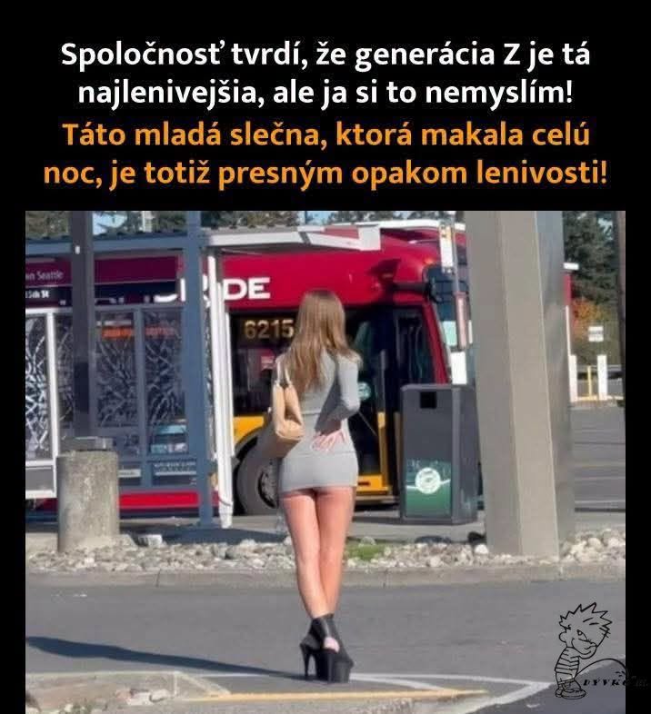 Žena v šedých šatách kráča po ulici, v pozadí je červený autobus. Text sa týka pracovitej generácie Z.
