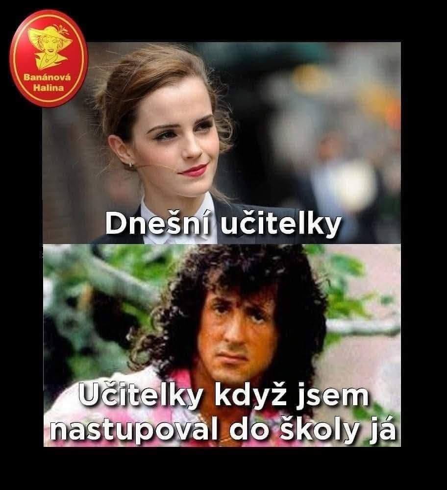 Porovnanie vzhľadu učiteliek v minulosti a dnes v humornom meme s textom v češtine.