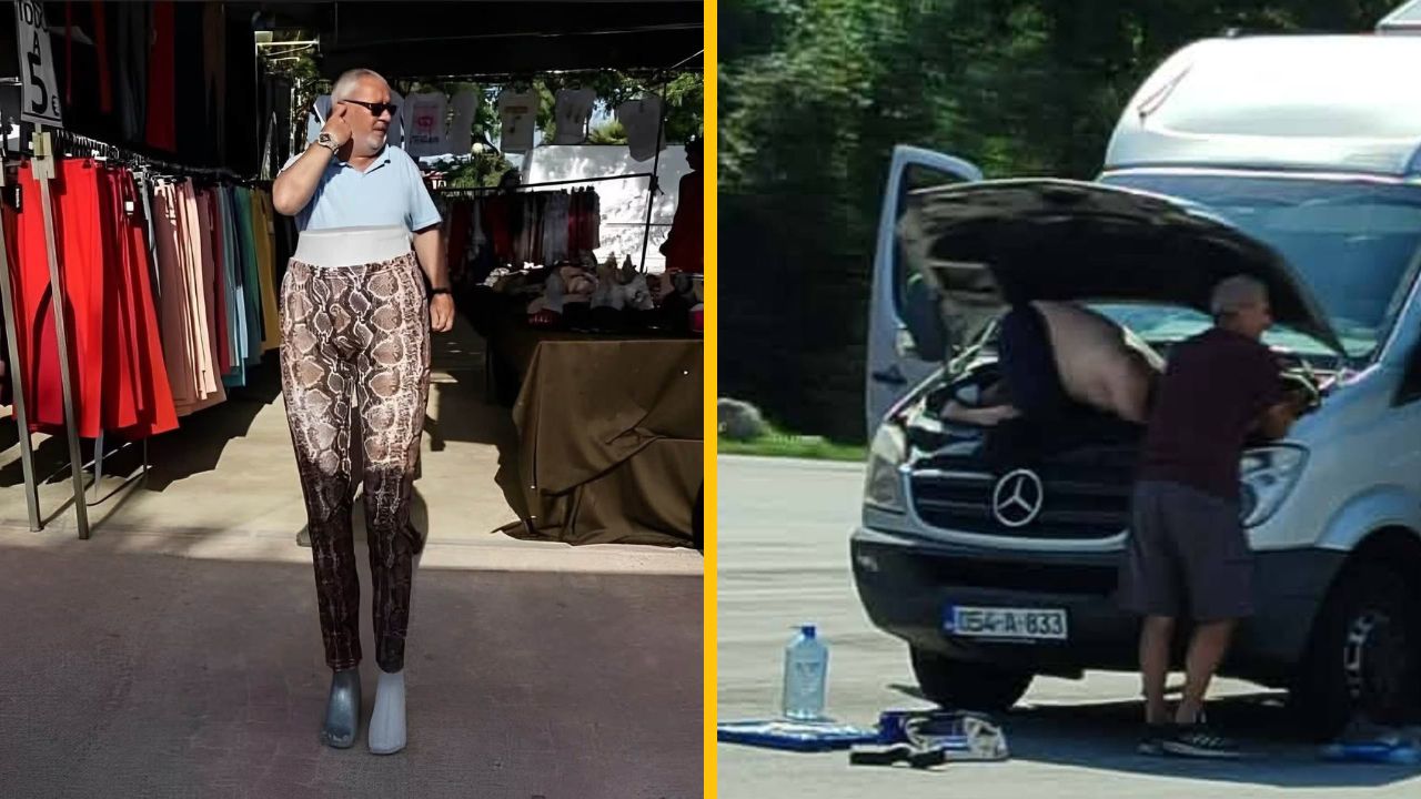 Muži predávajú tovary na trhu a opravujú dodávku, jedna osoba má nohavice s hadím vzorom.