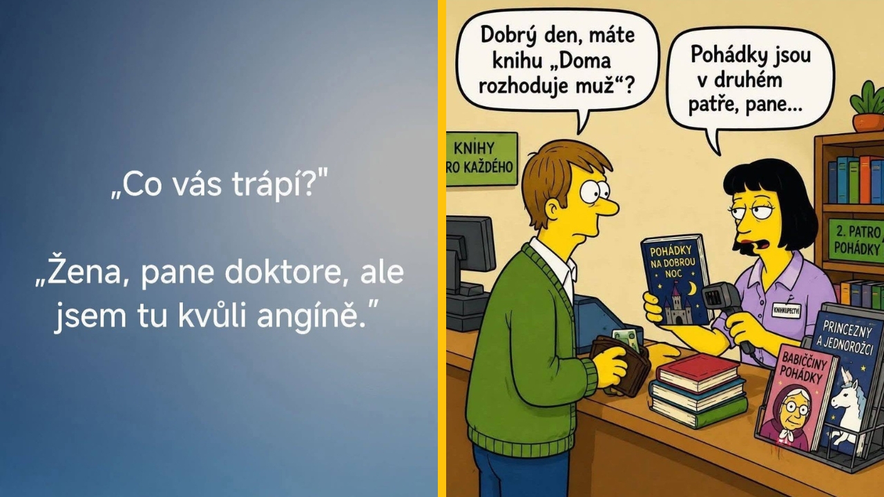 Knihkupectvo: Muž hľadá knihu Doma rozhoduje muž, predavačka odkazuje na rozprávky na druhom poschodí.