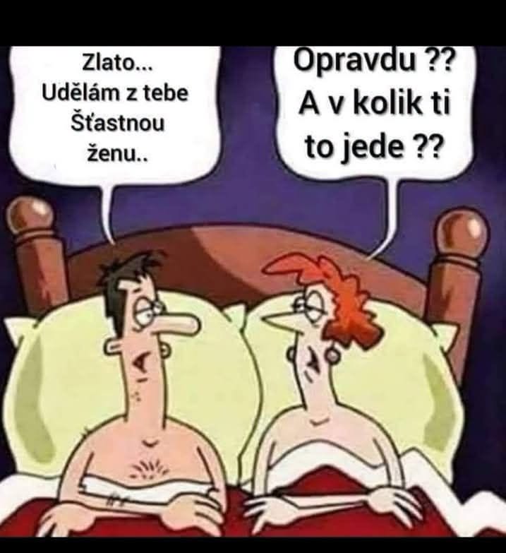 Karikatúra muža a ženy v posteli s vtipným dialógom o šťastnom manželstve.