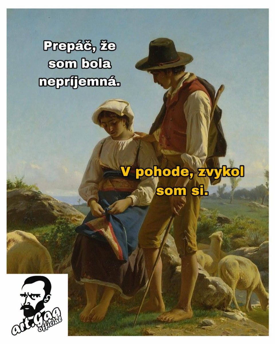Muž a žena v historickom oblečení pri ovciach so žartovným textom ospravedlnenia a odpovede.