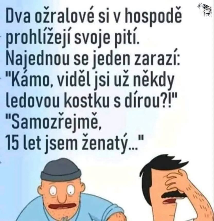 Dvaja muži v bare diskutujú o kocke ľadu, jeden vtipne odpovedá na otázku o diere v nej vtipom o manželstve.