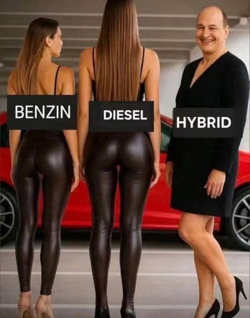 Tri postavy v koži označené ako benzín, diesel a hybrid pred červeným autom v garaži.